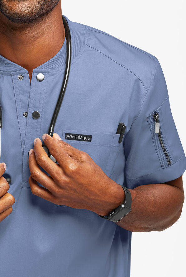 Advantage STRETCH Men's 2-Pocket Short Sleeve Henley Scrub Top - Ceil Blue - 3