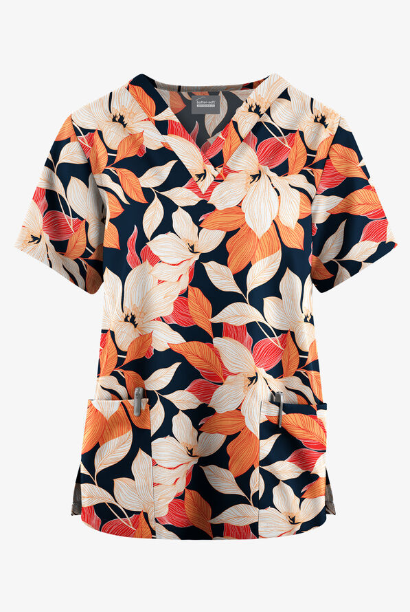 Butter-Soft Originals Lily Dreams Navy Women's 2-Pocket V-Neck Print Scrub Top - null - 1