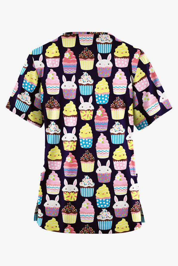 Butter-Soft Originals Easter Treats Navy Women's 2 Pocket V-Neck Print Scrub Top - null - 2