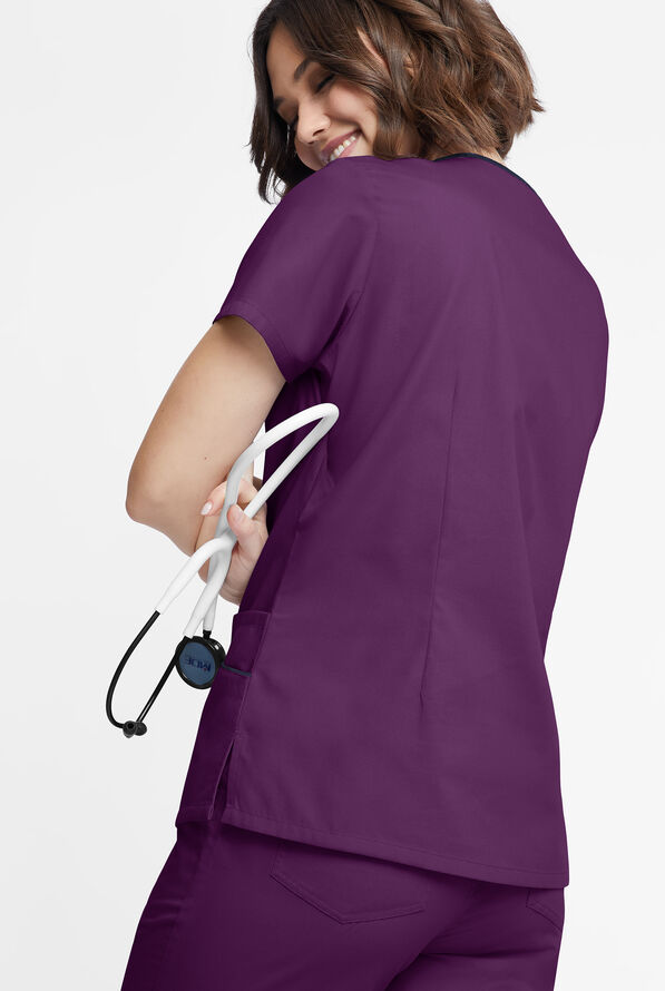 Butter-Soft Originals Women's 4-Pocket Asymmetrical Neck Scrub Top - Eggplant/Navy - 3