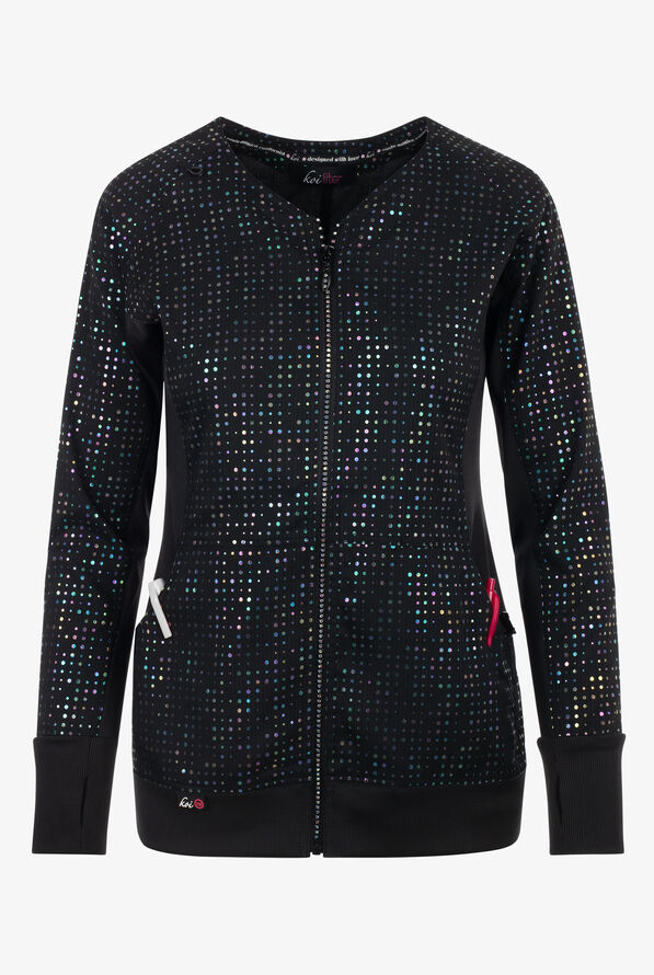 koi Lite Iridescent Black Women's 2-Pocket Zip Front Print Scrub Jacket - null - 1