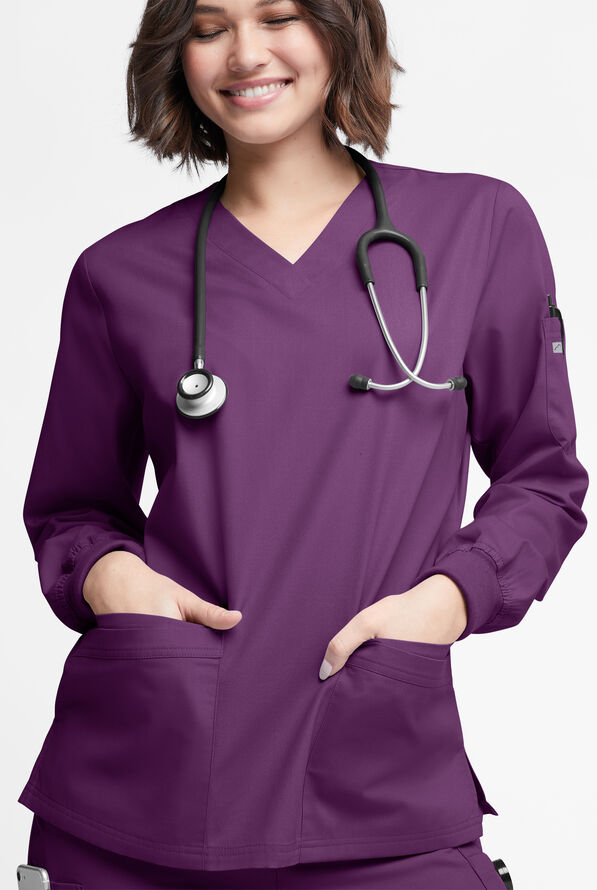 Butter-Soft Originals Women's 7-Pocket Curved V-Neck Long Sleeve Scrub Top - Eggplant - 2