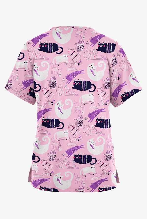 Butter-Soft Originals Playful Kittens Blush Women's 2-Pocket Classic Fit V-Neck Print Scrub Top - null - 2