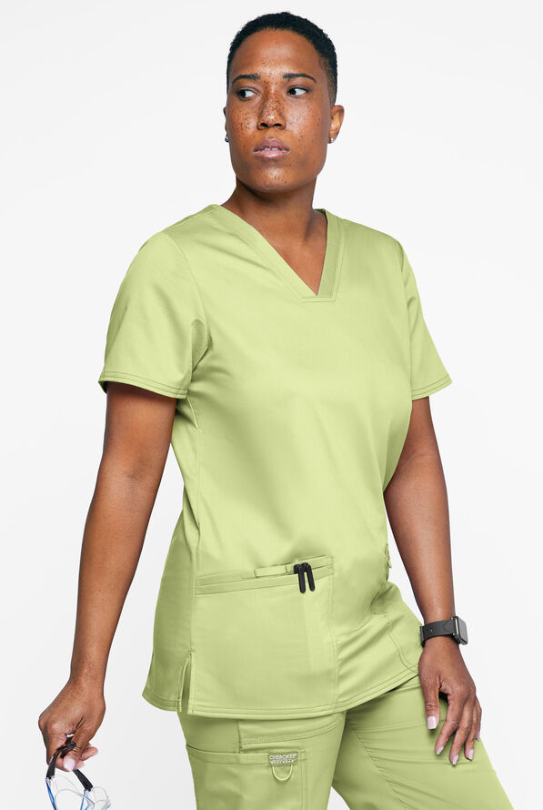 Cherokee Workwear Revolution Women's 3-Pocket STRETCH V-Neck Scrub Top - Celery Green - 2