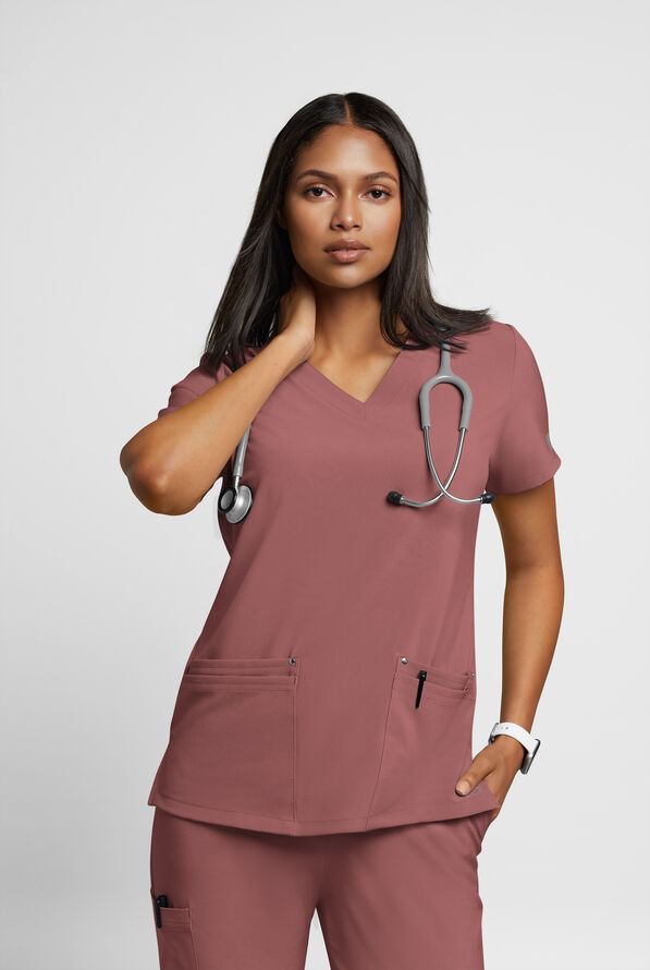Easy STRETCH Lina Mitered Women's 4-Pocket V-Neck Scrub Top - Soft Chestnut - 2