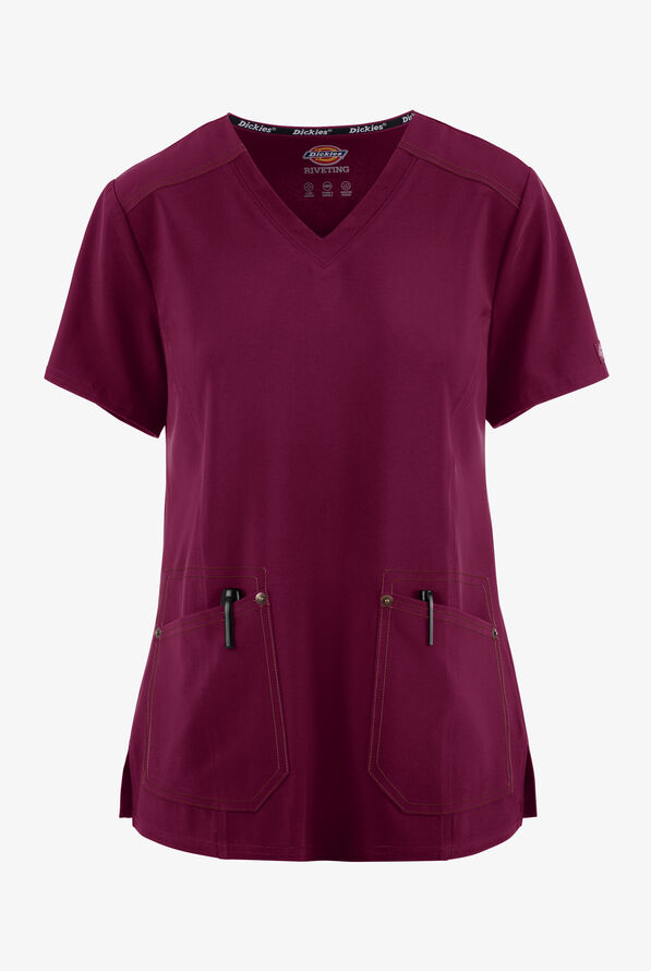 Dickies Riveting Women's 2-Pocket STRETCH Contrast Stitching V-Neck Scrub Top - Wine - 1