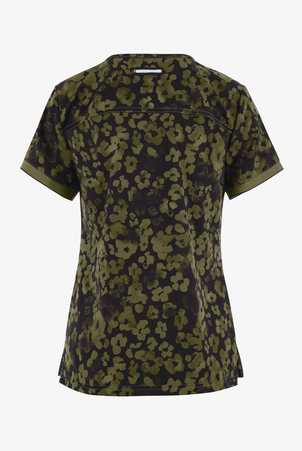 koi Next Gen Tonal Cheetah Olive Women's 3-Pocket STRETCH V-Neck Print Scrub Top - null - 2