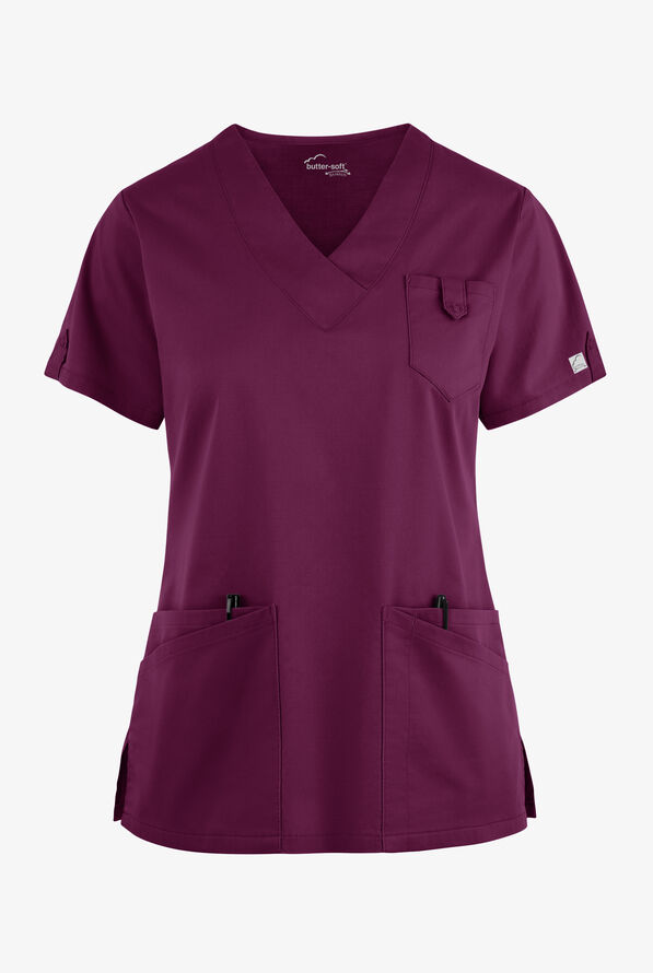 Blusa m&eacute;dica Butter-Soft STRETCH con cuello en V y 6 bolsillos para mujer - Wine - 1