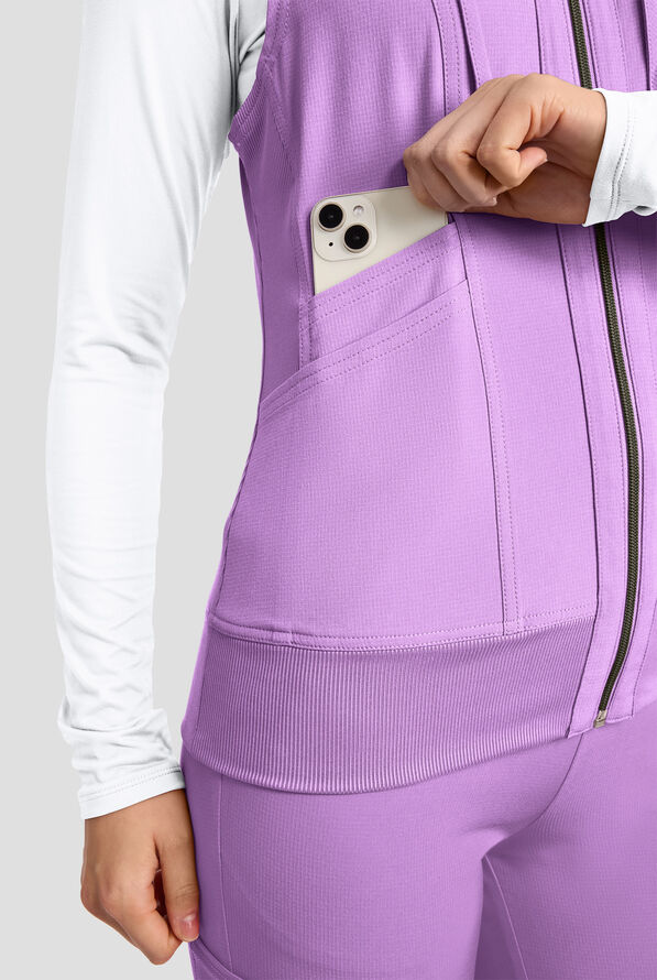 Med Couture Amp Women's 4-Pocket STRETCH Zip Front Removable Hoodie Scrub Vest - Digital Lavendar - 4