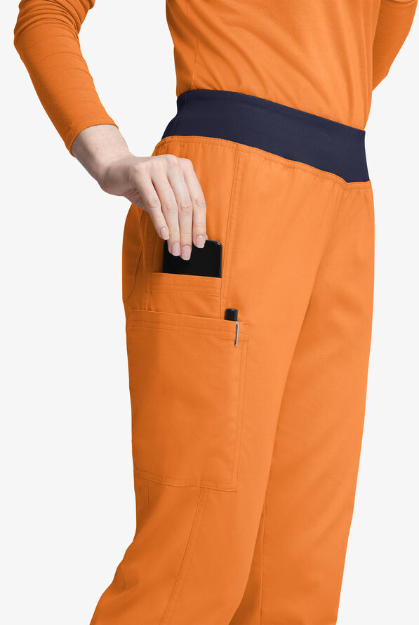 Butter-Soft Originals Women's 5-Pocket Mid Rise Tapered Leg Yoga-inspired Scrub Pants - Apricot Crush/Navy - 2