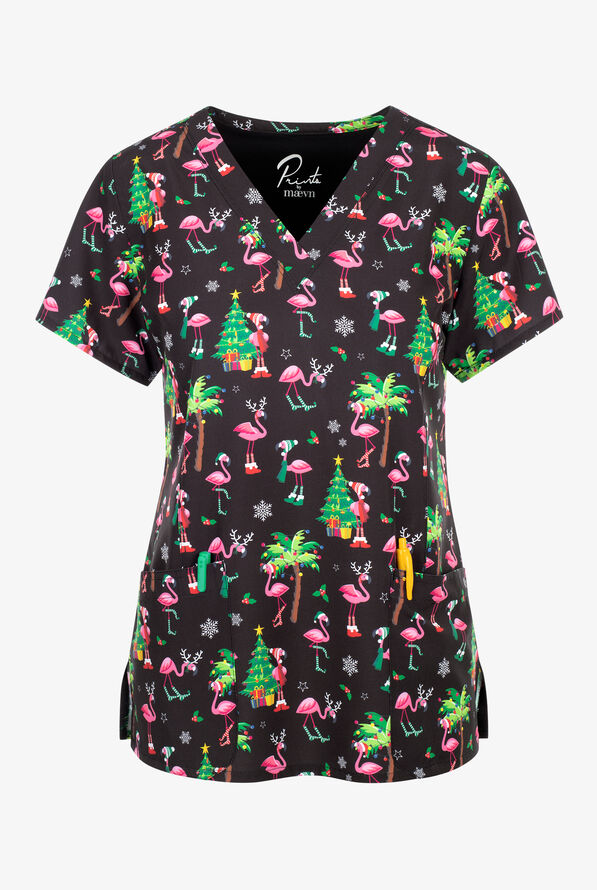 Maevn Flamingo Ho-Ho Women's 3-Pocket STRETCH V-Neck Print Scrub Top - null - 1