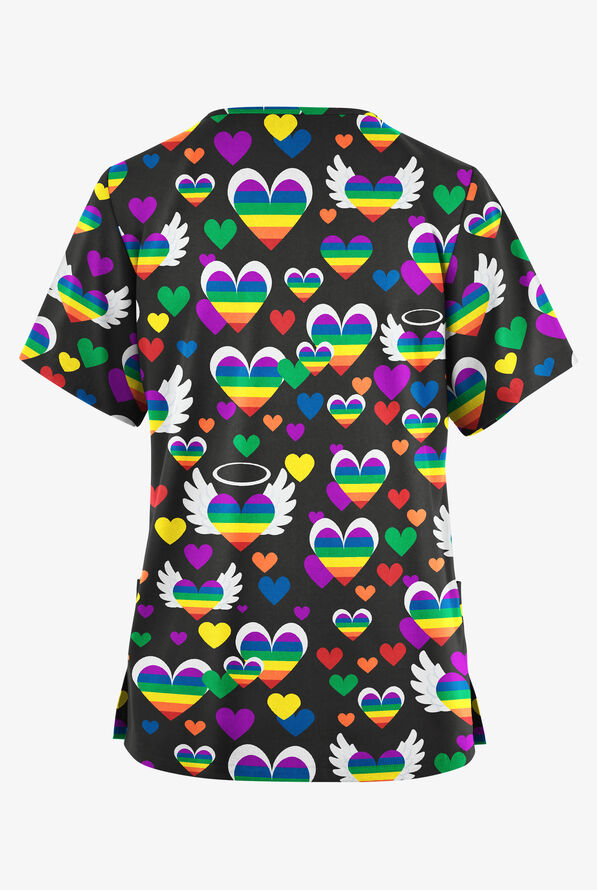 Butter-Soft Originals Free Hearts Black Women's 2-Pocket V-Neck Print Scrub Top - null - 2