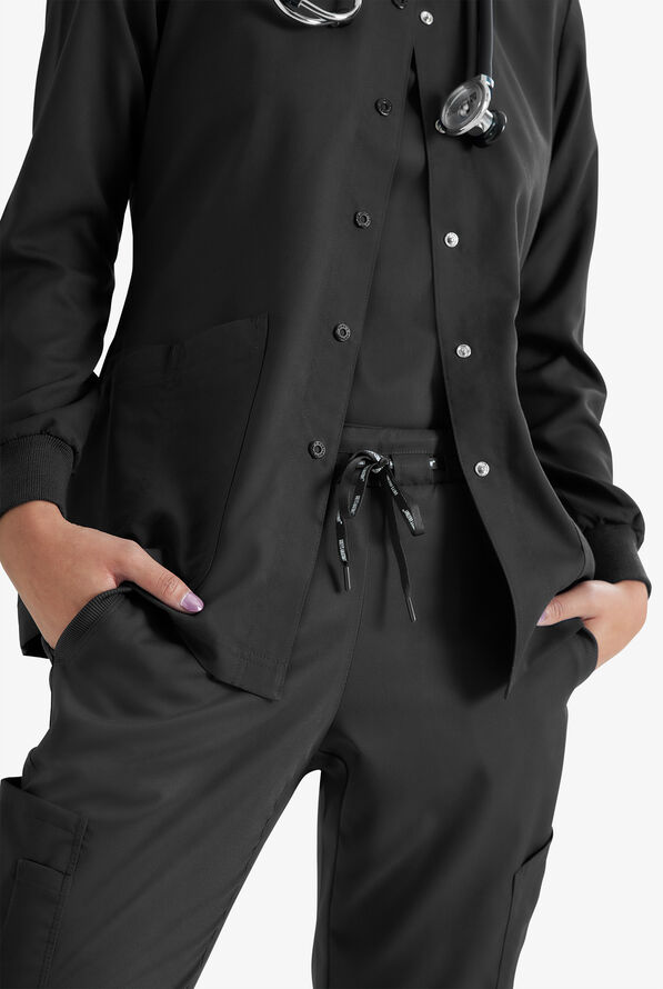 Grey's Anatomy by Barco Women's 4-Pocket Round Neck Warm-Up Scrub Jacket - Black - 3