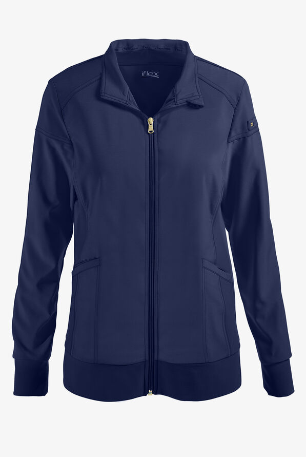 Cherokee iflex Women's 2-Pocket STRETCH Knit Panel Zip Front Scrub Jacket - Navy - 1