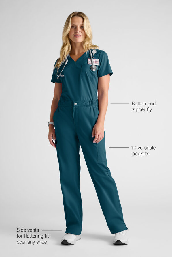 Butter-Soft STRETCH Women's 10-Pocket Cargo Button Front Pant With Fly Scrub Pants - Caribbean Blue - 9