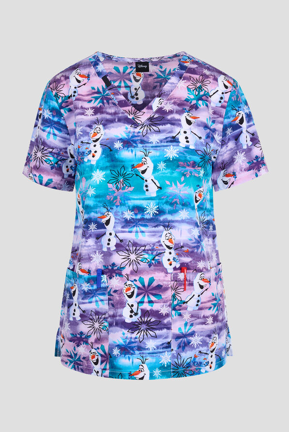 Tooniforms Disney's Olaf In Arendelle Women's 2-Pocket STRETCH V-Neck Print Scrub Top - null - 1