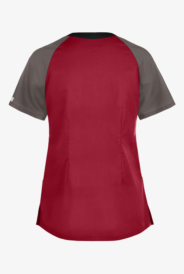 Blusa médica UA Butter-Soft STRETCH Active con bloques de color y 5 bolsillos para mujer - Ruby/Cool Grey/Black - 2