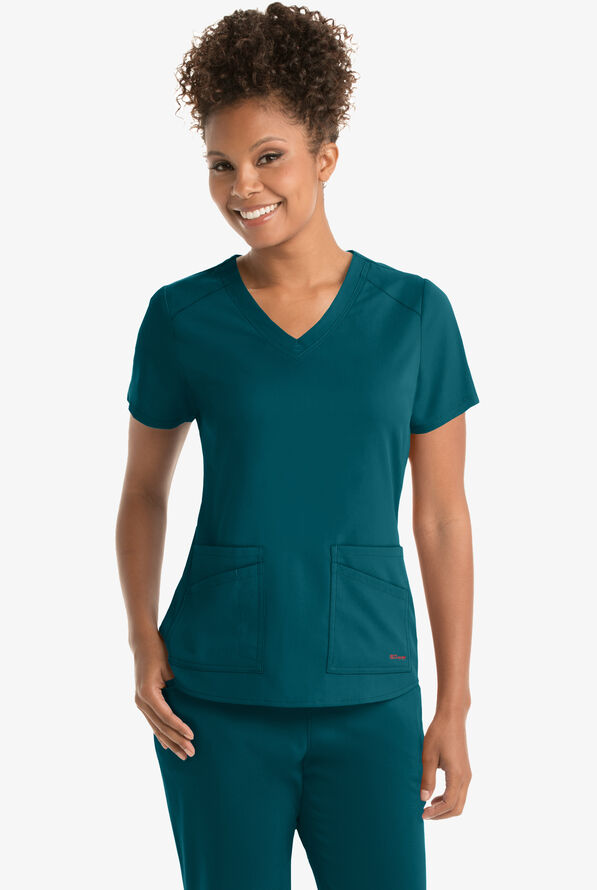 Grey's Anatomy by Barco Spandex STRETCH Emma Women's 4-Pocket V-Neck Scrub Top - Bahama Blue - 2