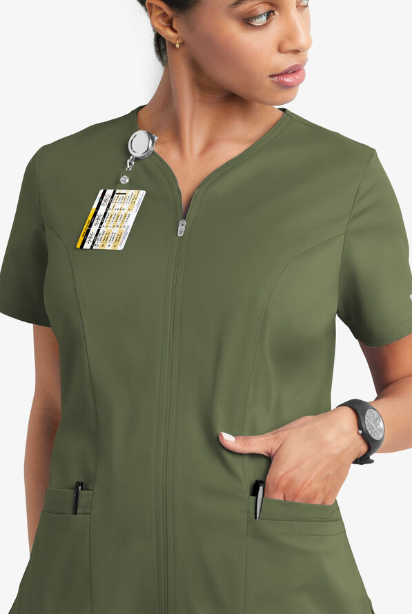 Butter-Soft STRETCH Women's 4-Pocket Smooth Face Zipper Scrub Top - Light Olive - 3