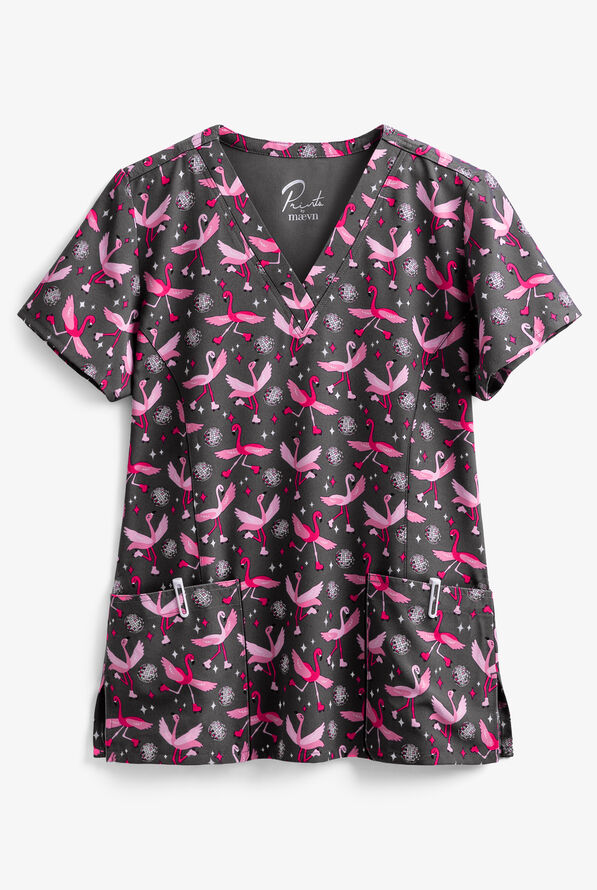 Blusa médica estampada Maevn Disco Daze con cuello en V y 3 bolsillos para mujer - null - 1