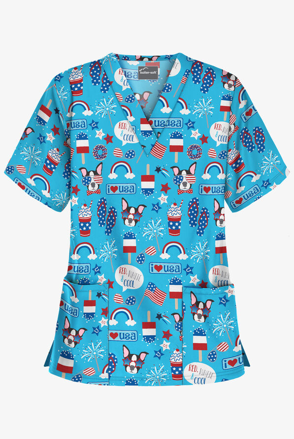 UA Red, White, and Cool Turquoise Women's 2-Pocket V-Neck Print Scrub Top - null - 1
