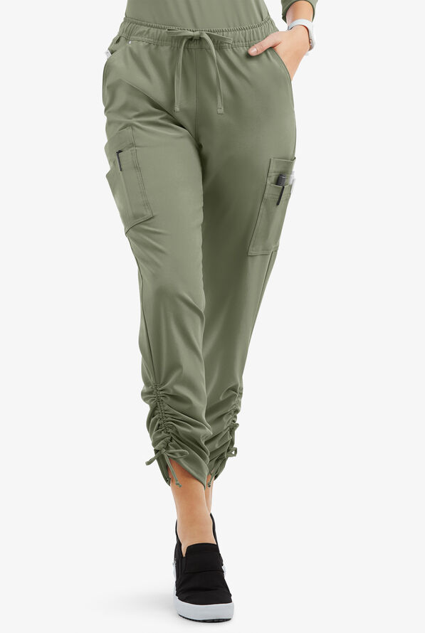 Easy STRETCH Halle Women's 11-Pocket Ruched Leg Jogger Scrub Pants - Olive Leaf - 1