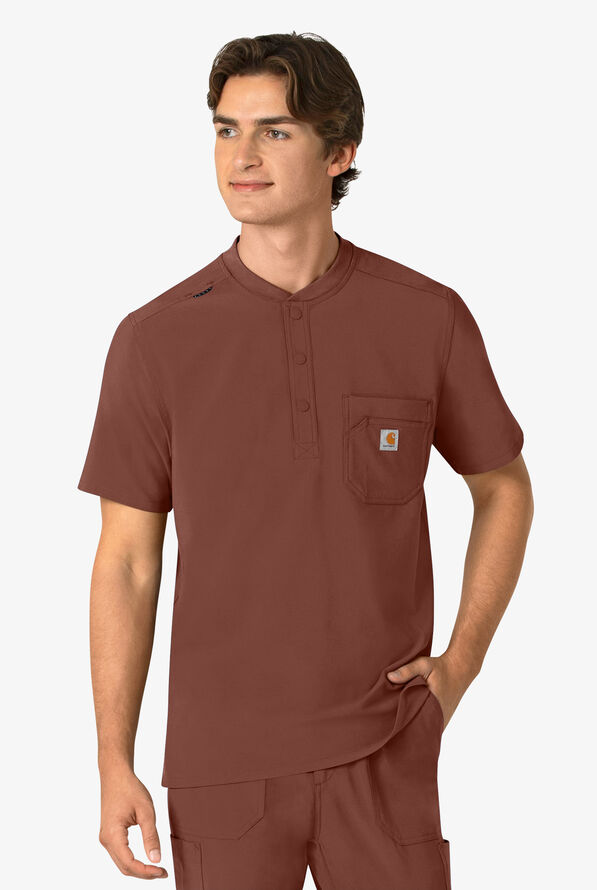 Carhartt Cross-Flex Men's 3-Pocket STRETCH Zip Pocket Henley Banded Collar Scrub Top - Sable - 2