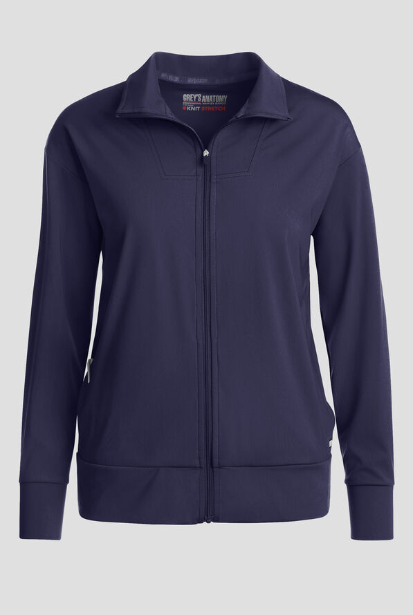Grey's Anatomy by Barco Knit STRETCH Ease Warm Up Women's 4-Pocket Zip Front Scrub Jacket - Indigo - 1