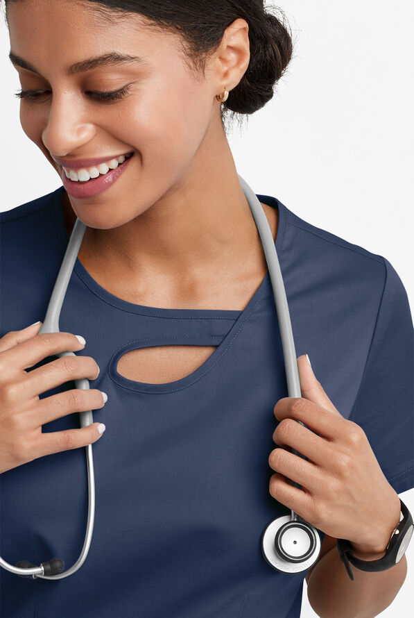 Butter-Soft STRETCH Women's 2-Pocket Asymmetric Keyhole Scrub Top - Navy - 3