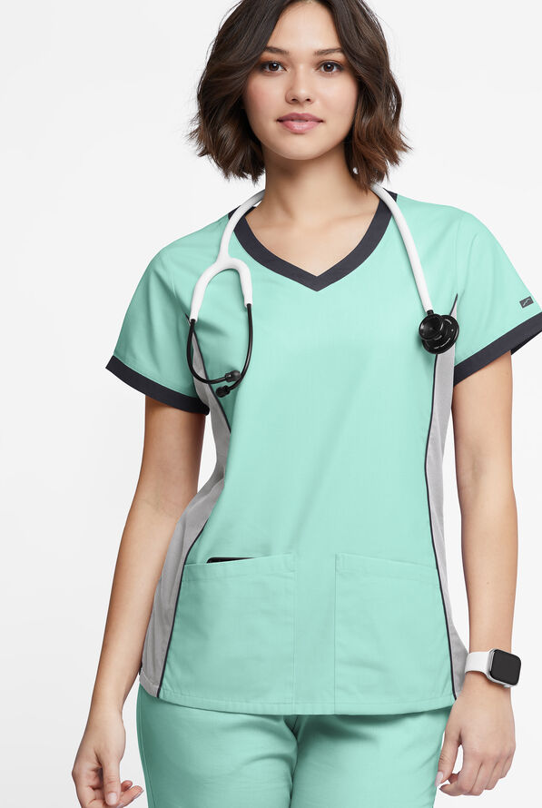 Blusa médica Butter-Soft Originals Tri-Colorblock con cuello en V y 4 bolsillos para mujer - Watermint/Silver/Pewter - 2
