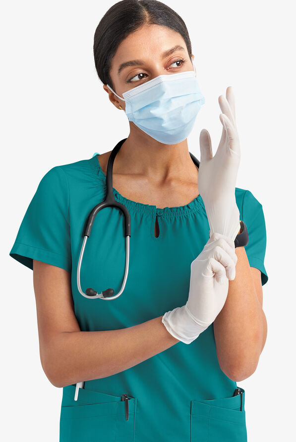 Blusa m&eacute;dica UA Butter-Soft STRETCH estilo campesina con mangas cortas y 6 bolsillos para mujer - Teal - 8