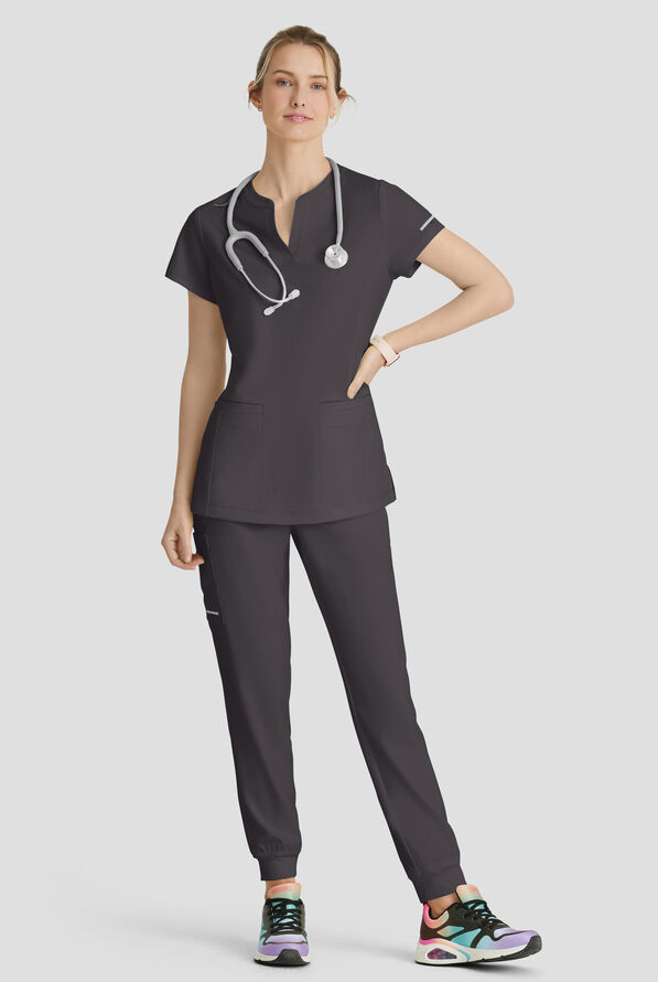 Skechers by Barco Coast Women's 2-Pocket STRETCH Banded Collar V-Placket Scrub Top - Pewter - 5