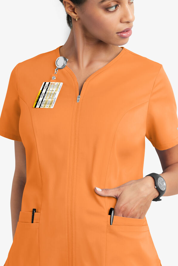 Butter-Soft STRETCH Women's 4-Pocket Smooth Face Zipper Scrub Top - Apricot Crush - 3