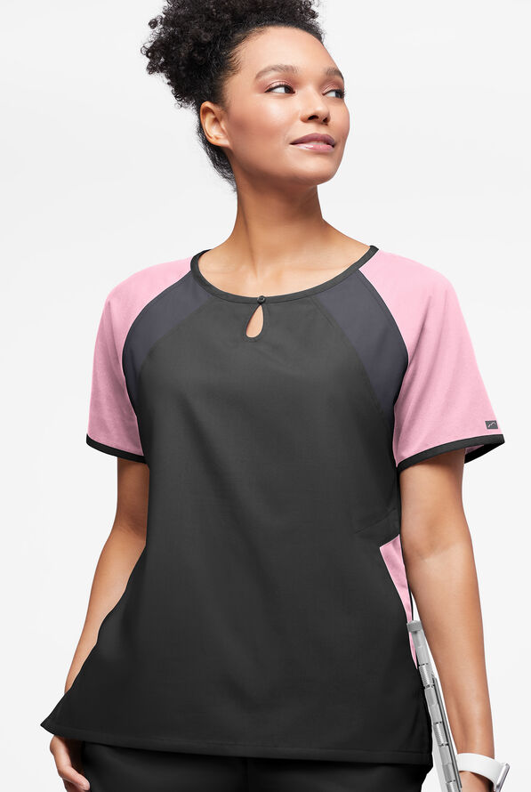 Butter-Soft Originals Women's 3-Pocket Keyhole Neck Tri-Colorblock Scrub Top - Black/Blush/Pewter - 3
