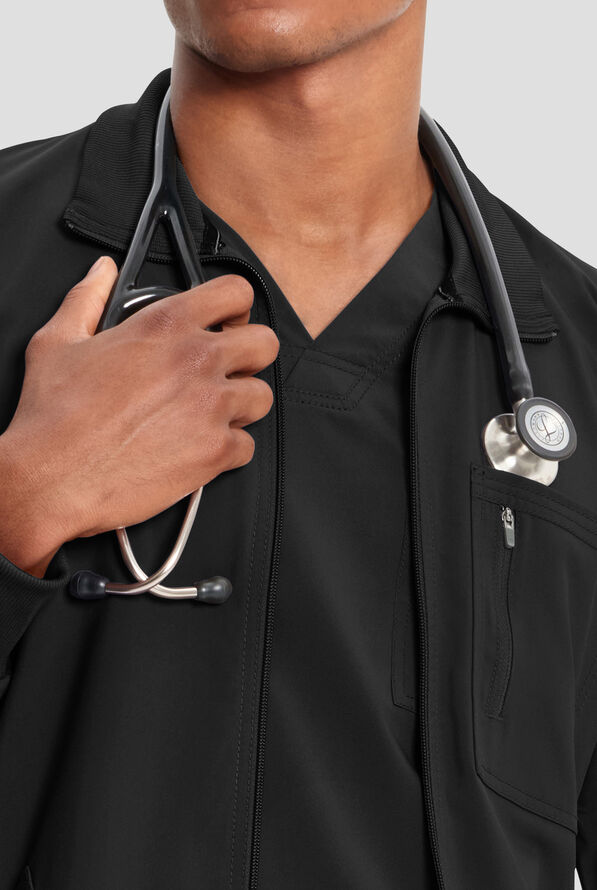 Infinity Men's 5-Pocket STRETCH Zip Front Scrub Jacket - Black - 3