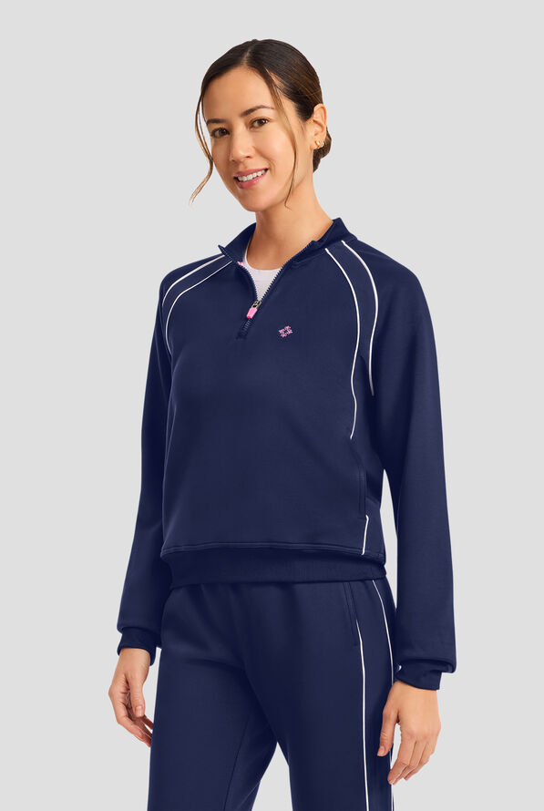 Med Couture Layers Women's 2-Pocket STRETCH Half Zip Scuba Knit Scrub Jacket - Navy - 2