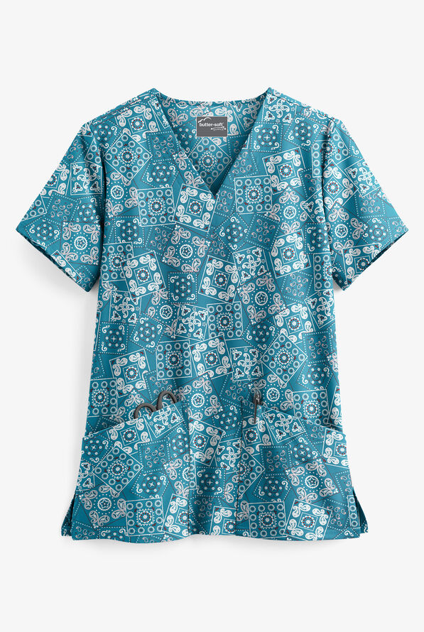 Butter-Soft STRETCH Bandana Paisley Harbor Blue Women's 2-Pocket V-Neck Print Scrub Top - null - 1