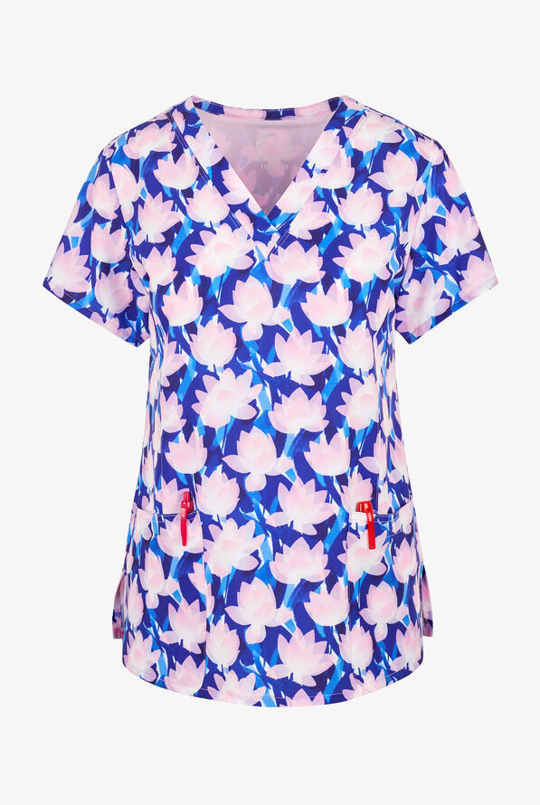 Maevn Floral Brush Strokes Women's 3-Pocket STRETCH V-Neck Print Scrub Top - null - 1