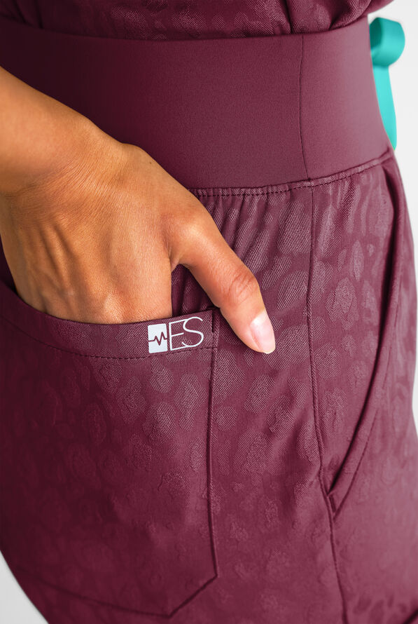 Easy STRETCH Olivia Women's Jacquard 7-Pocket Slim Leg Jogger Scrub Pant - Wine - 2