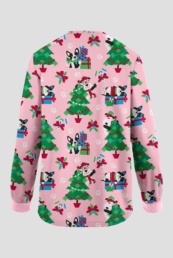 Butter-Soft Originals Wrapped In Joy Blush Women's 2-Pocket Warm-Up Print Scrub Jacket - null - 2