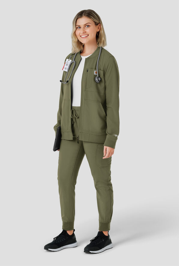 Carhartt Force Cross-Flex Rugged Flex Women's 6-Pocket Rib Trim Lightweight Zip Bomber Scrub Jacket - Olive - 4