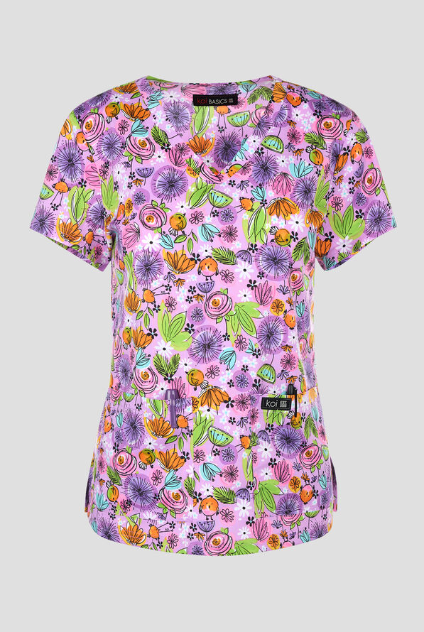 koi Basics Birdie Women's 2-Pocket STRETCH V-Neck Print Scrub Top - null - 1