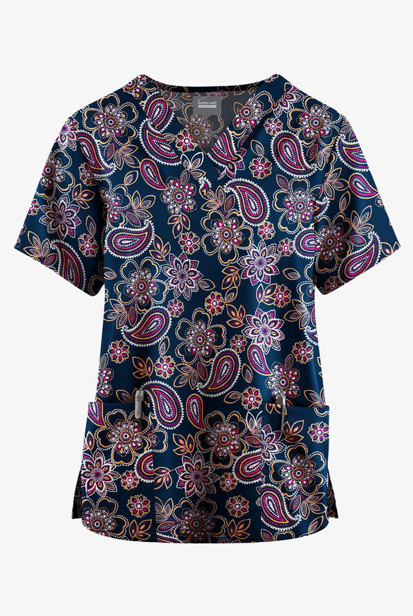 Butter-Soft Originals Paisley Garden Navy Women's 2-Pocket V-Neck Print Scrub Top - null - 1