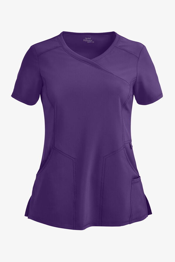 Infinity Women's 4-Pocket STRETCH Mock Wrap Scrub Top - Grape - 1