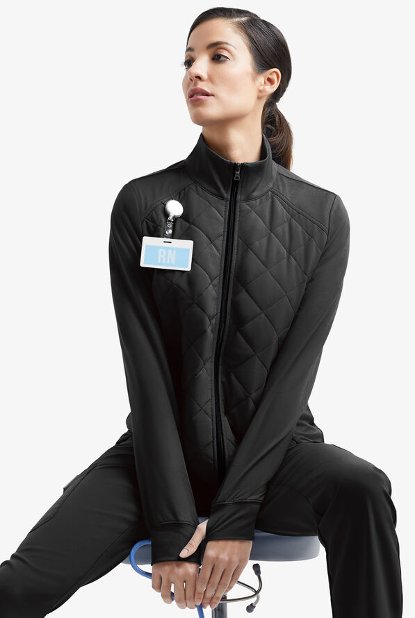 Easy STRETCH Keira Women's 2-Pocket Quilted Long Sleeve Scrub Jacket - Onyx Black - 1