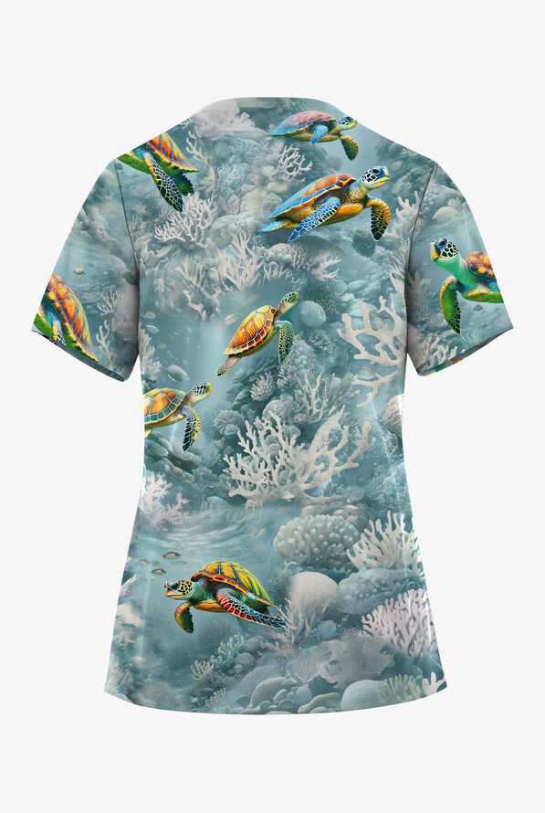 Easy STRETCH Reef Adventure Salt Blue Royal Women's 2-Pocket V-Neck Print Scrub Top - null - 2