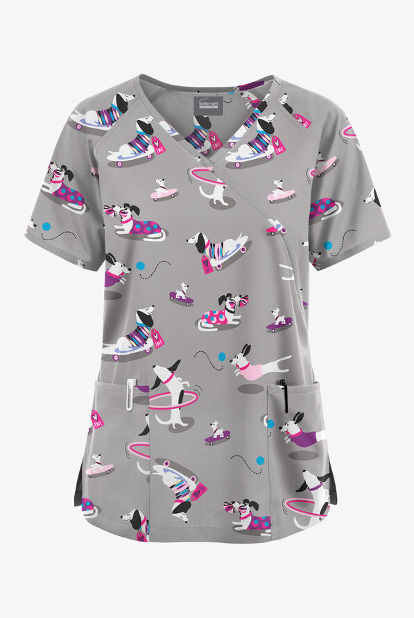 Butter-Soft Originals Playful Dachshunds Women's 3-Pocket Mock Wrap with Ties Print Scrub Top - null - 1