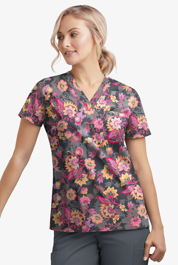 Butter-Soft STRETCH Jacobean Spring Pewter Women's 1-Pocket Tuck-In V-Neck Print Scrub Top - null - 2