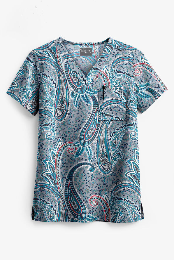 Butter-Soft STRETCH Floral Paisley Women's 1-Pocket V-Neck Print Scrub Top - null - 1
