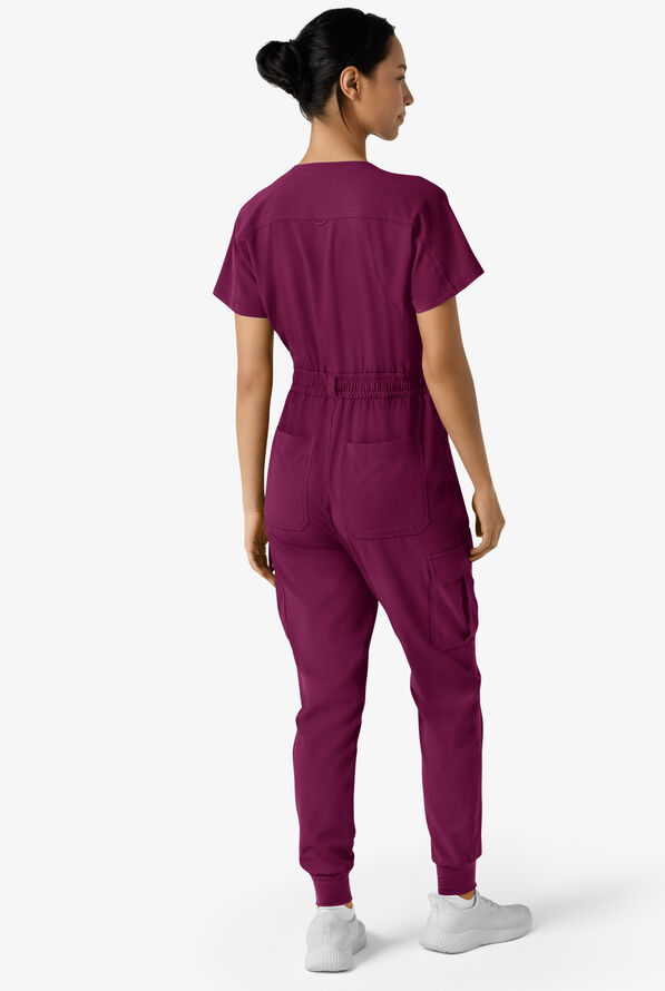 Wink Renew Women's 7-Pocket STRETCH V-Neck Cargo Jogger Jumpsuit - Wine - 3